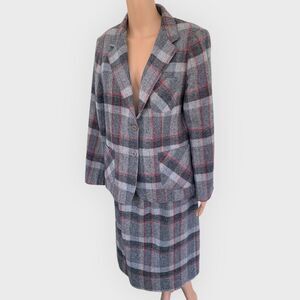 80s Plaid Skirt Suit Gray Wool Mohair Jacket Vintage M L 37 30